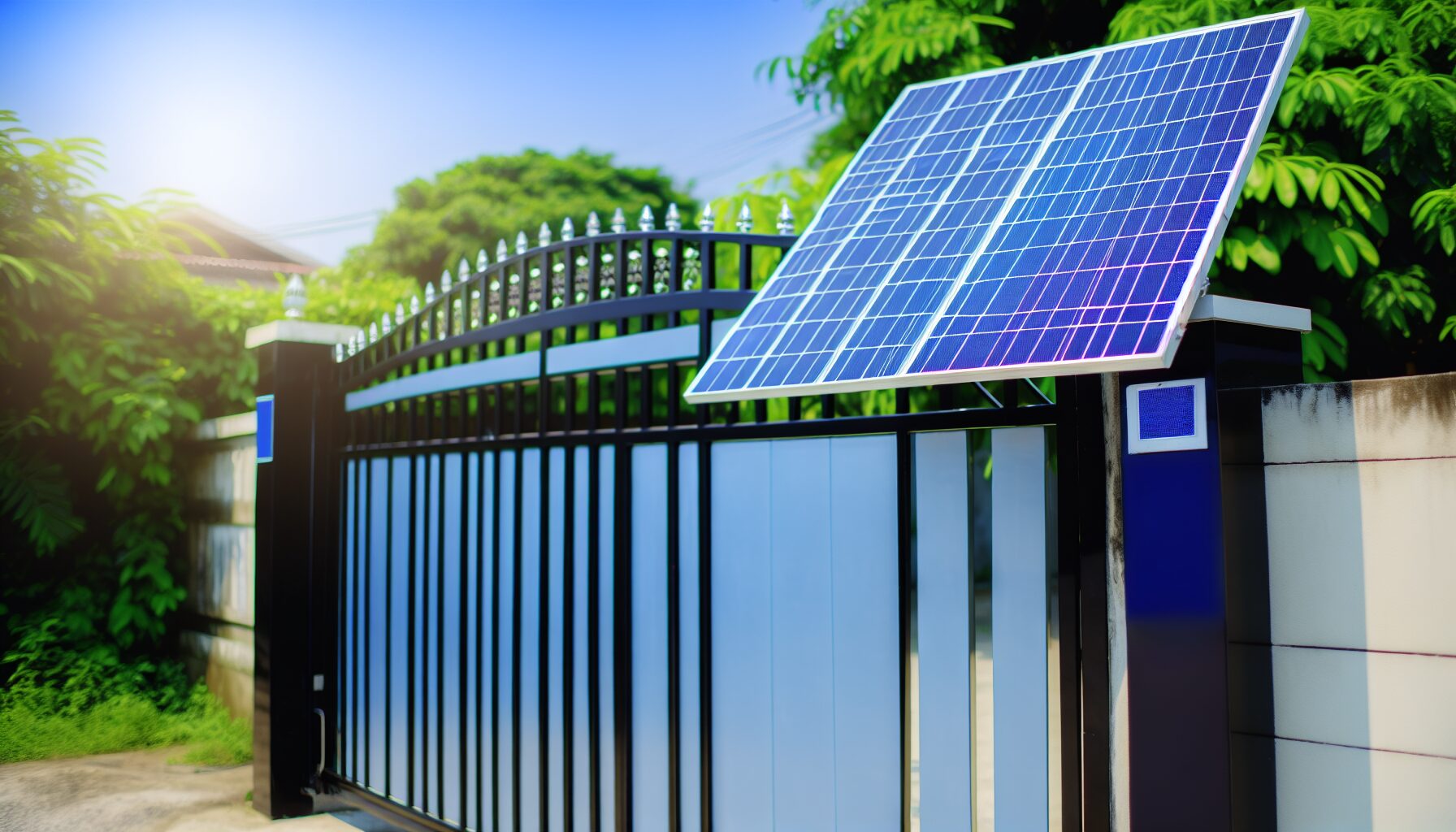 czarna brama wjazdowa automatycznie otwierana z panelami PV w tle