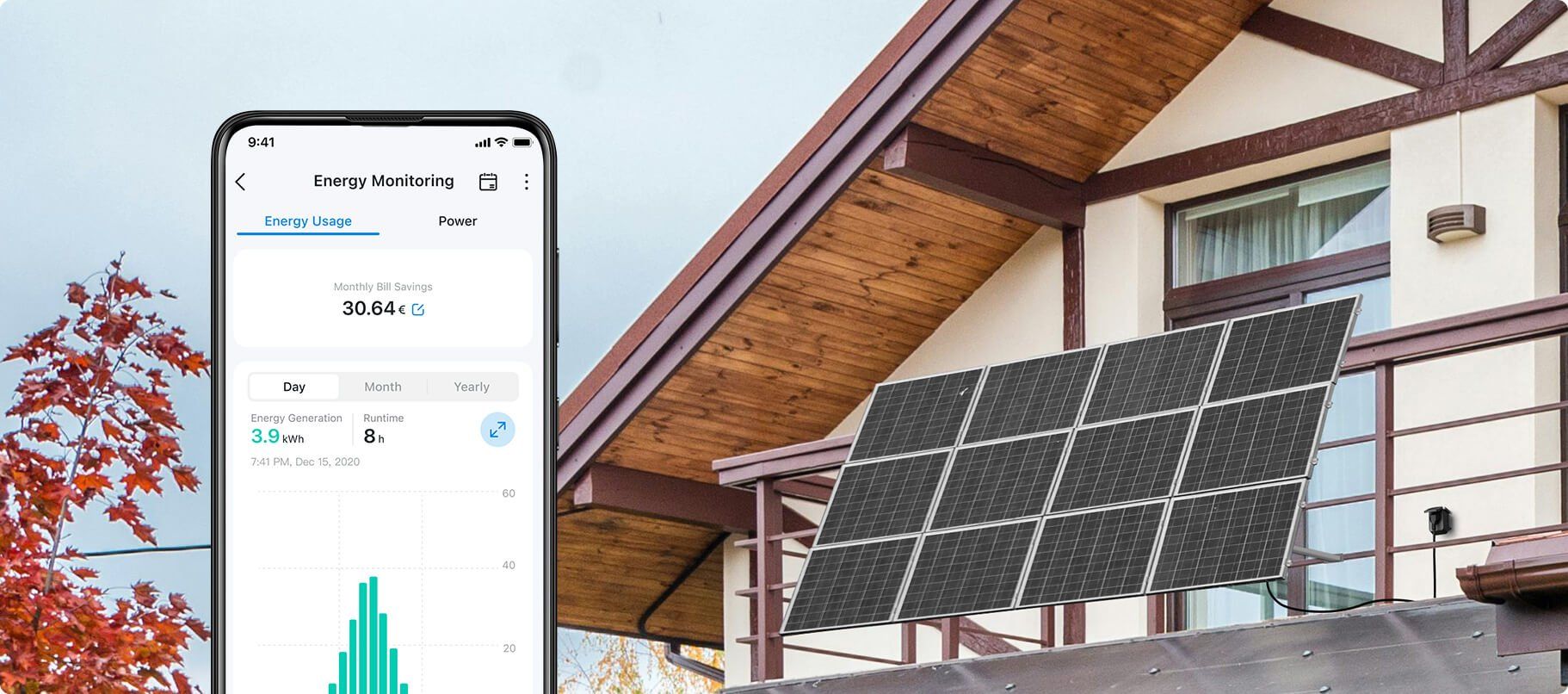 Ekran smartfona z danymi zużycia prądu z PV przez gniazdko w godzinach szczytu