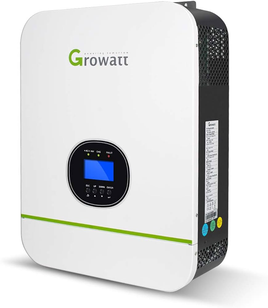 Wyświetlacz LCD inwertera Growatt pokazujący napięcie, prąd i moc wyjściową