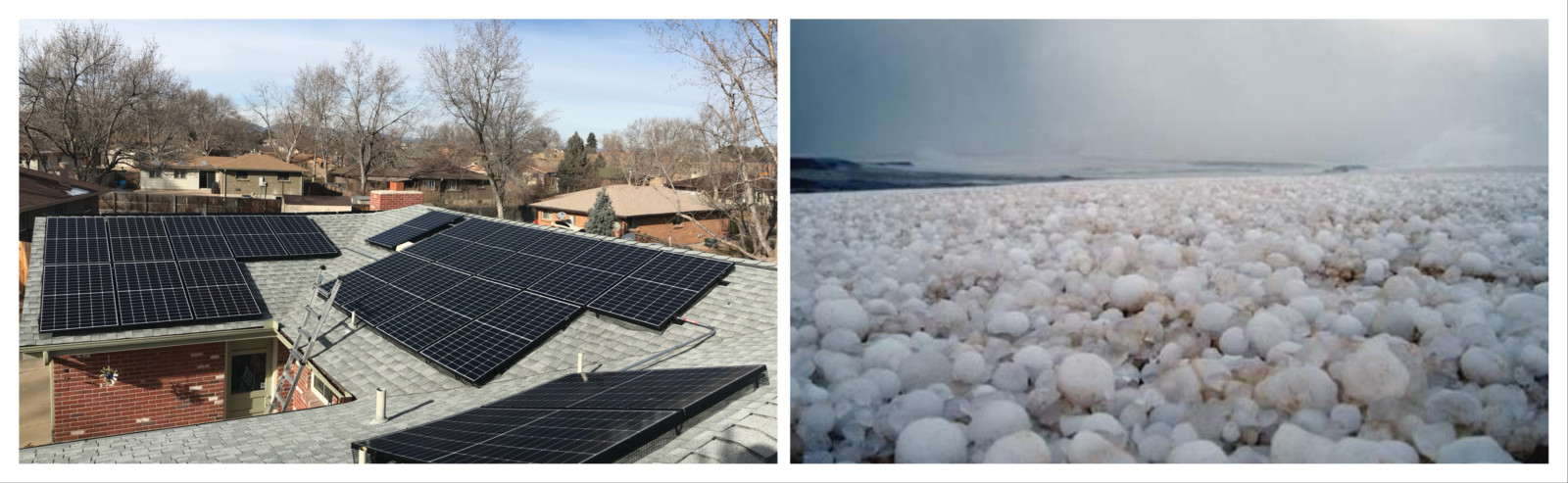 uszkodzony panel PV po gradobiciu z bliska pęknięta czarna powierzchnia panelu fotowoltaicznego z widocznymi wgnieceniami od kulek gradu