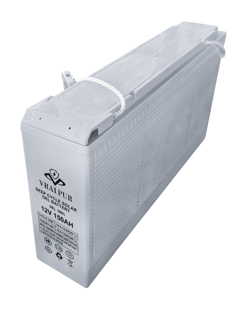 budowa zewnętrzna akumulatora żelowego czarny akumulator żelowy z widocznymi biegunami i wentylacją boczną na białym tle