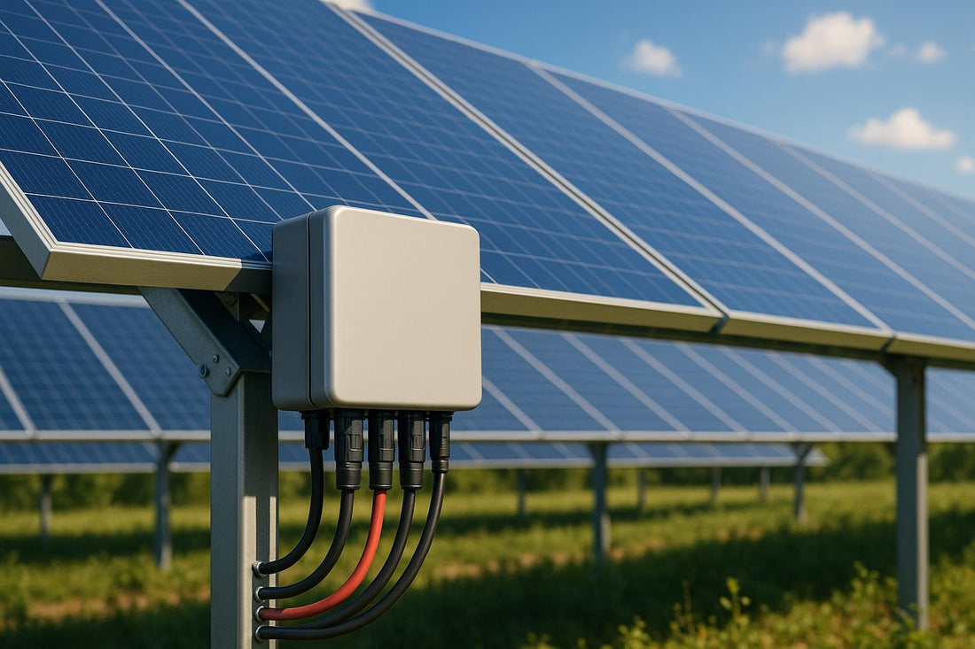 technik mierzy napięcie panelu słonecznego multimetrem na dachu budynku