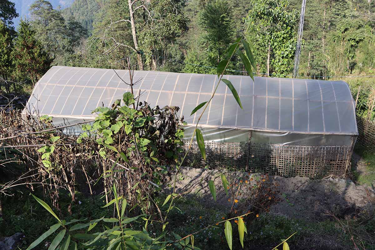 montaż paneli na tunelu foliowym robotnik mocujący błyszczące panele słoneczne do metalowej konstrukcji tunelu