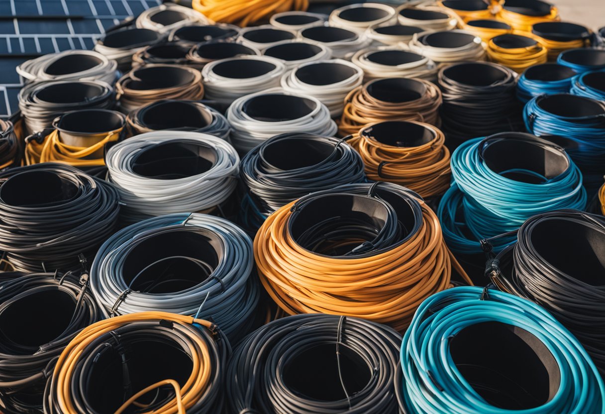 czarny przewód solarny naciągnięty między dwoma panelami fotowoltaicznymi na dachu