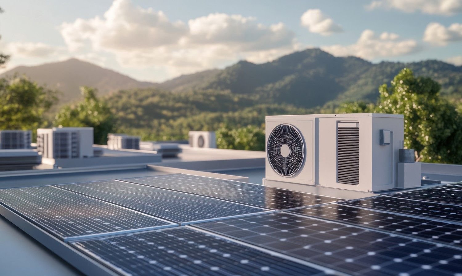 dom energooszczędny z panelami PV i klimatyzatorem bez widocznych kabli